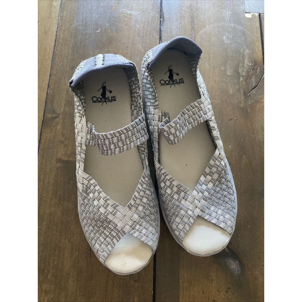 Corkys Womens 10‎ BETH Silver Peep Toe Feather Lite Maryjane Rocker Shoes